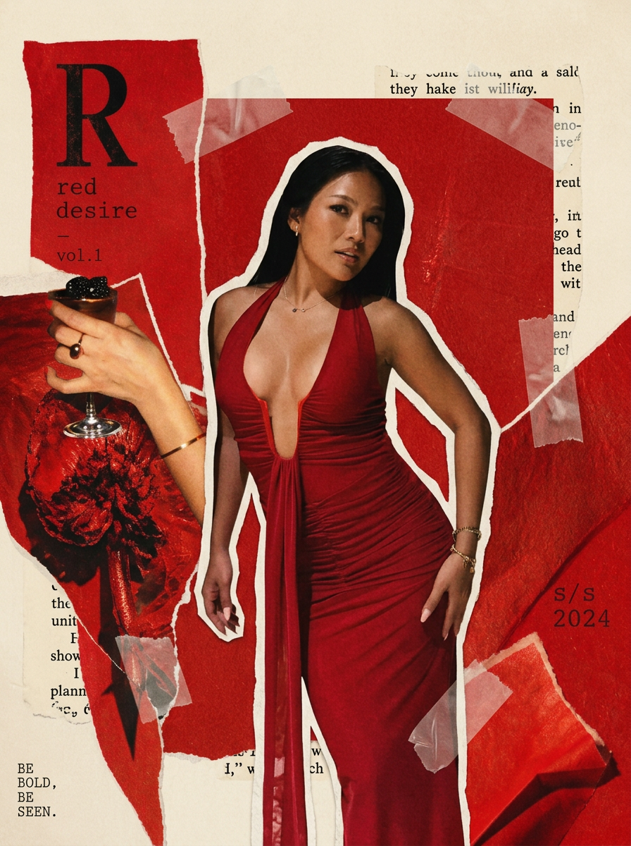 Cookie in a deep red dress in an editorial collage portrait
